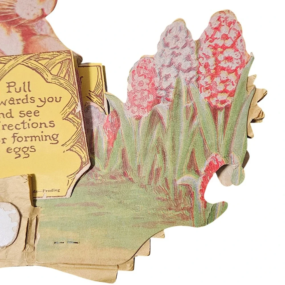 Antique Victorian Mechanical Easter Card Brown Rabbit‎ Hyacinth Die Cut Pull Tab